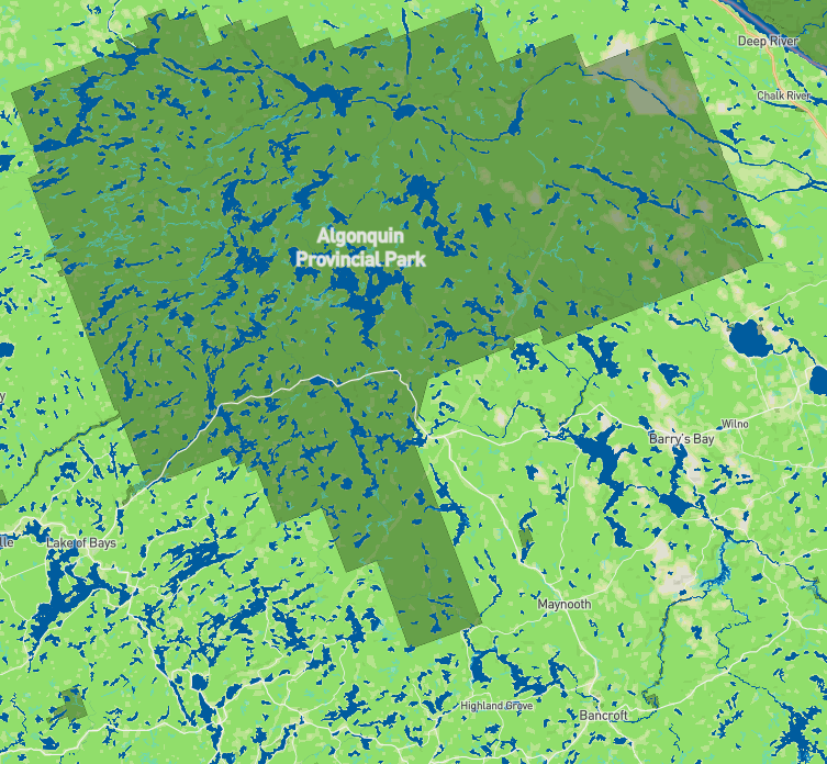 Image of Algonquin Parl as a simple nature areas around established roads, defined water stress, and area highlight