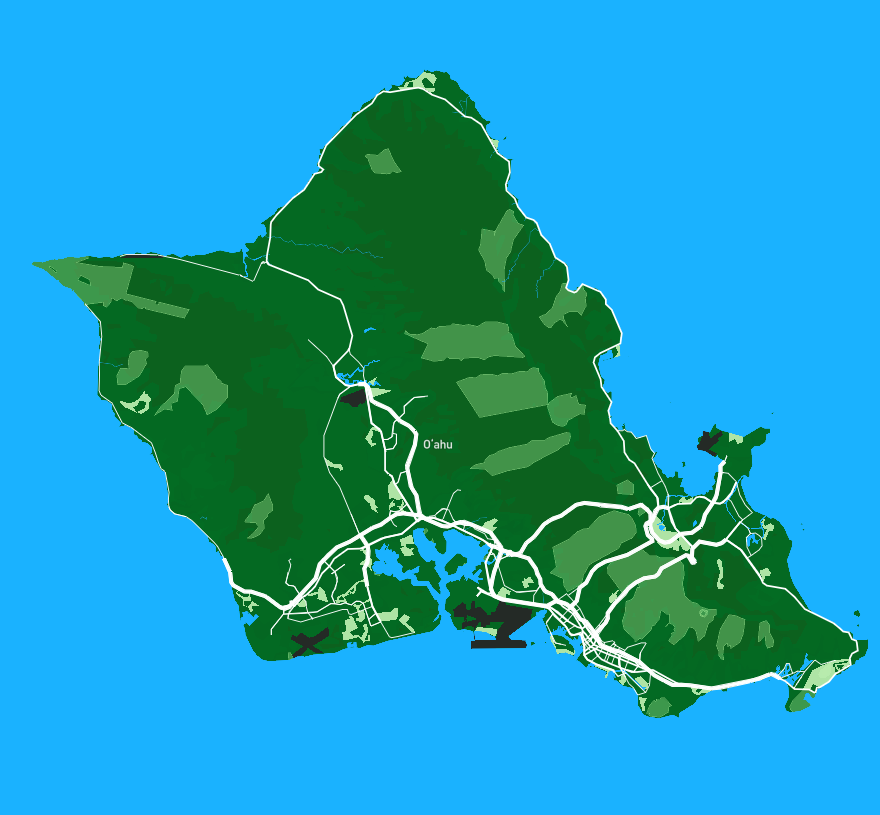 Hawaii island visual in prominent colour contrast of greenery and water areas